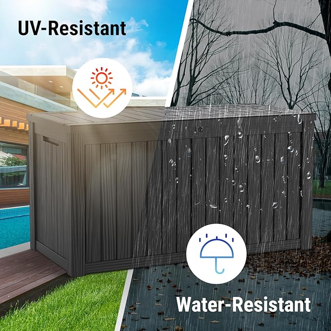 Mars Villa Deck Box, Waterproof and Weatherproof Large Resin Storage Bin with Lockable Lid, Ideal for, Outdoor, Patio Furniture Cushions, Pool Supplies, Garden Tools (150 Gallon, Black)