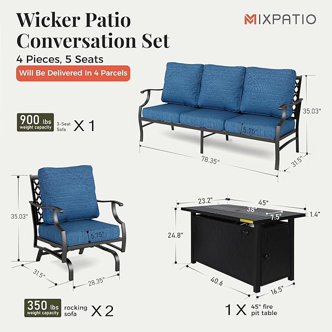 Patio Furniture Set, 4 Pcs Metal Outdoor Conversation Set, 2 Rocking Chairs and 3 Seater Sofa with 5.75" Extra Thick Cushion and Gas Fire Pit Table for Backyard Deck, Gemstone Blue