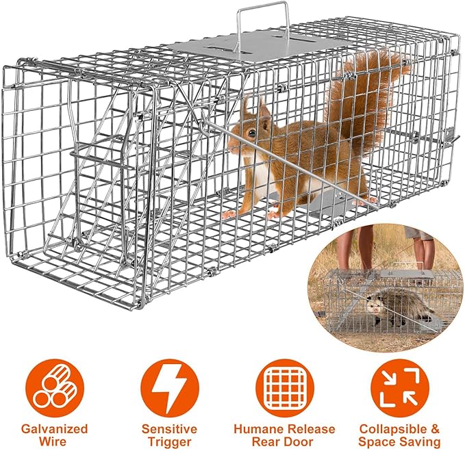 23.3’’x7.24’’x7.72’’，Foldable Humane Live Animal Trap Cage Cat Trap Catch Release Live Animal Rodent Cage for Indoor Outdoorfor Small Rabbit Squirrel Groundhogs Mole Gopher Cat