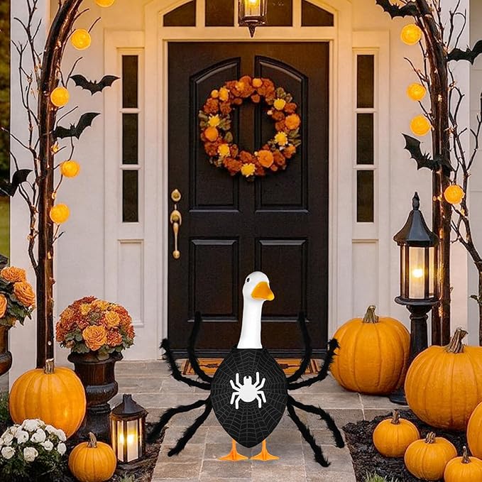 Halloween Spider Porch Goose Outfits 23inch Plastic Cement Goose Statue Costume, Fall Lawn Geese Sculpture Clothes for Garden Yard Patio Party Decoration