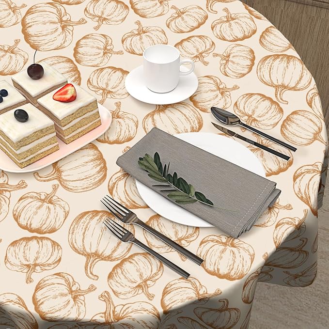 Giwawa Fall Round Tablecloth 60 Inch,Farmhouse Pumpkins Rustic Autumn Reusable Washable Polyester Table Cover for Party Picnic Dinner Indoor Outdoor Use and Seasonal Holiday Decor
