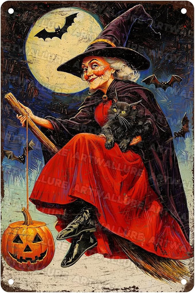 Witch Flying Broom Vintage Sign Halloween Cat Metal Tin Sign Full Moon Bat Pumpkin Poster 8x12inch