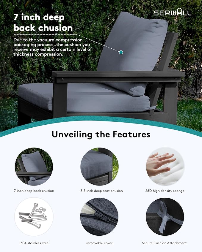 SERWALL HDPE Patio Sofa Set, 4-Piece Sectional Outdoor Furniture Set, All Weather Outdoor Couch Set Patio Furniture Set for Deck, Lawn, Black Frame with Grey Cushion