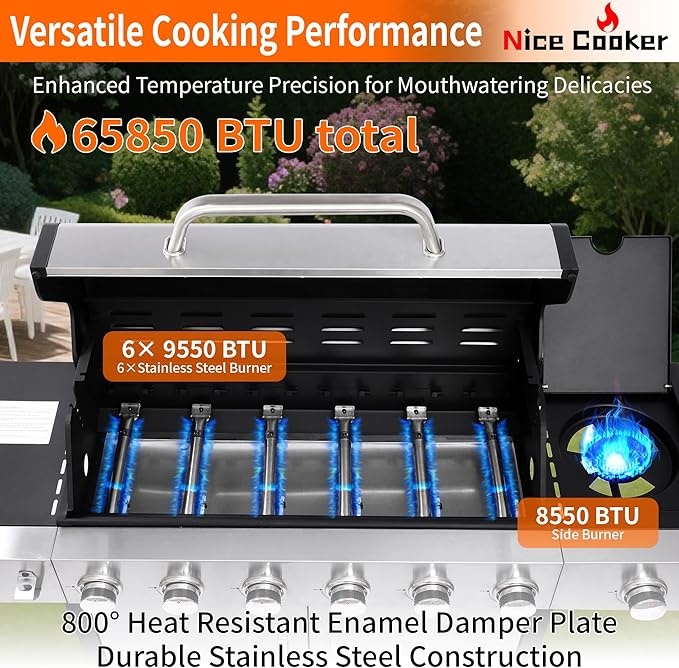 6-Burner Propane Gas BBQ Grill with Side Burner - 65850 BTU Total Output Stainless Steel Grills with Enameled Cast Iron Grill for Outdoor Backyard Barbecue, 620 SQ. IN. Cooking Area