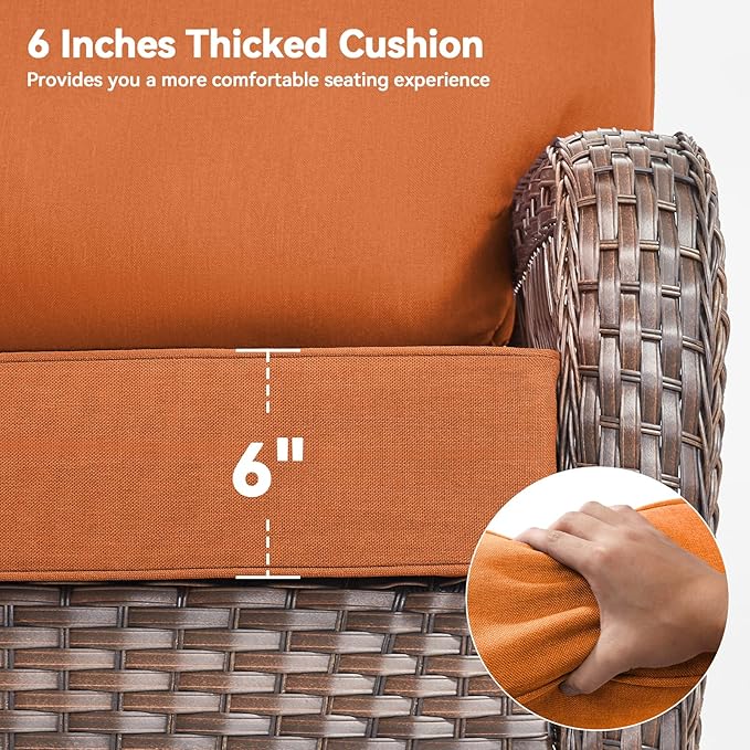 Luxury 6" Outdoor Cushions for Patio Furniture, 24x24x6 Thick Seat Cushion Set of 3, Fade Resistant Couch Chair Replacement Cushions High Density Deep Wicker Chair Cushion w/Removable Cover, Orange