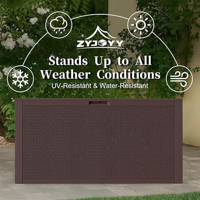 90 Gallon Resin Deck Box, Weatherproof Outdoor Storage Box for Patio, Garden, Pool, and Yard, Lockable Waterproof Bin for Tools, Cushions, and Accessories, Brown
