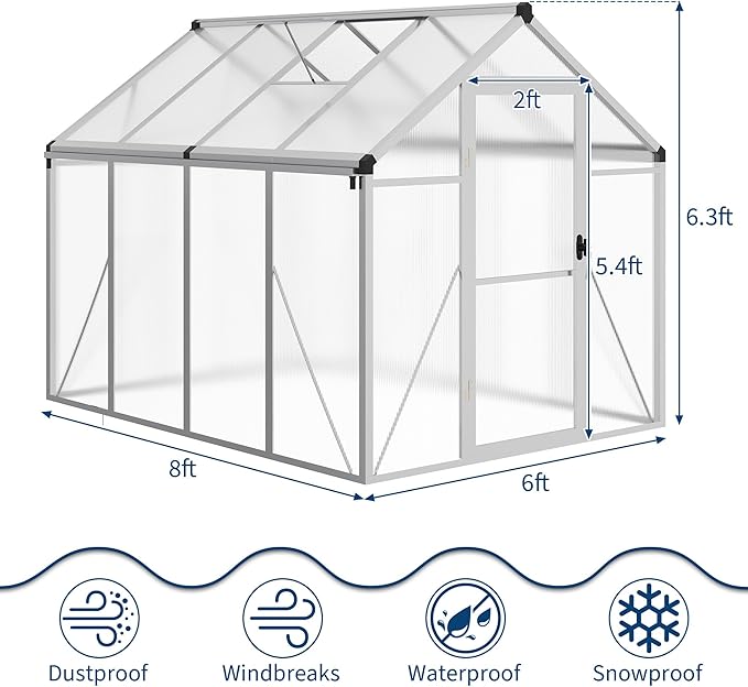 6x8 FT Greenhouse for Outdoors, Polycarbonate Greenhouse with Roof Vent, Ground Nails, Lockable Push Door, Aluminum Large Walk-in Green House for Outside Garden Backyard, Patio, Lawn, Silver