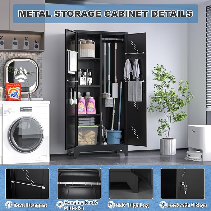 71" Outdoor Storage Cabinet – Heavy-Duty Lockable Metal Shed with Ventilated Doors, Perforated Stainless-Steel Bottom, Hanging Rod & Hooks, Easy Assembly