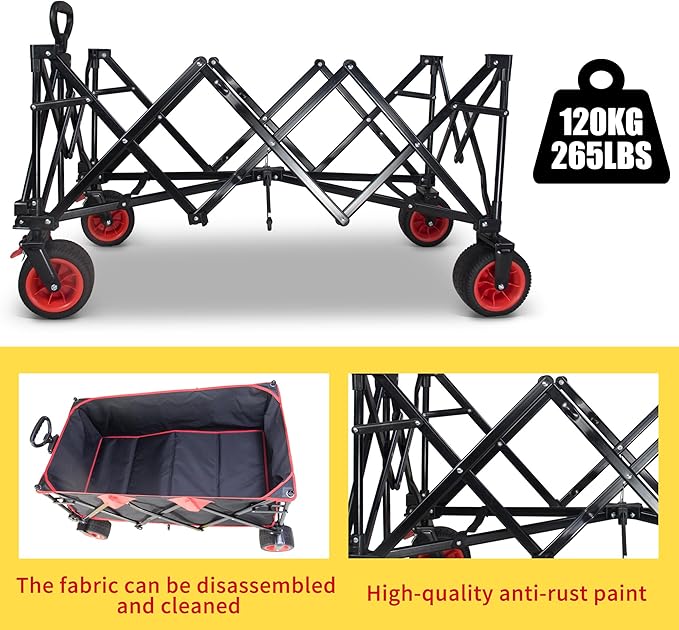 TMZ Collapsible Wagon 445L Heavy Duty Foldable Cart with All-Terrain Wheels, Canopy & Brakes - Extra Large Utility Wagon for Beach, Outdoor, Garden, Camping Portable Foldable Design (Black/Red)