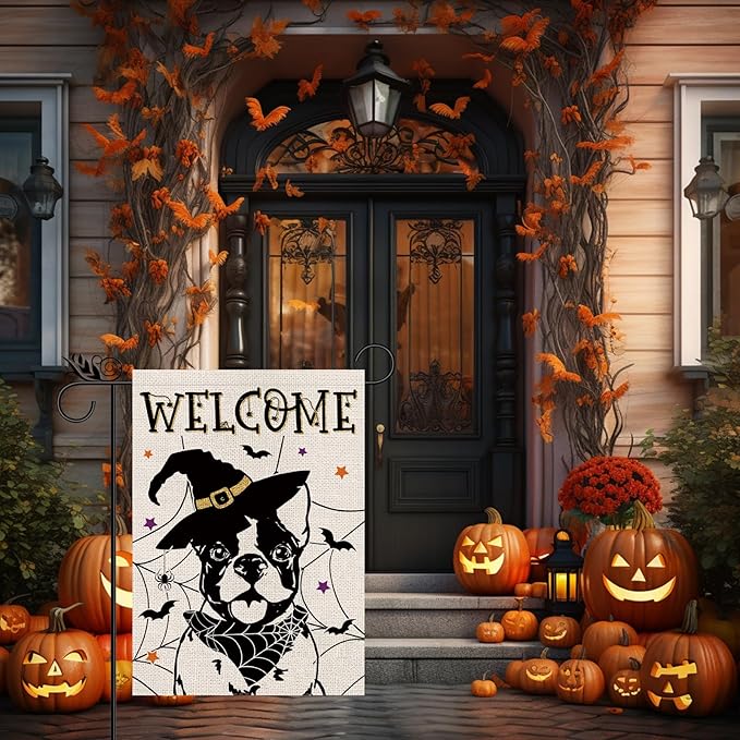 Halloween Garden Flag Boston Terrier Cobweb Bats Double Sided Vertical Welcome Flag Holiday Outdoor Yard Lawn Decorations 12.5 x 18 Inch