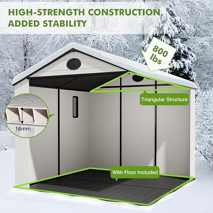 COOS BAY Resin Outdoor Storage Shed with Lockable Double Doors, Heavy-Duty Floor, All-Weather Garden Shed for Tools & Equipment, 8x6 ft, White/Gray