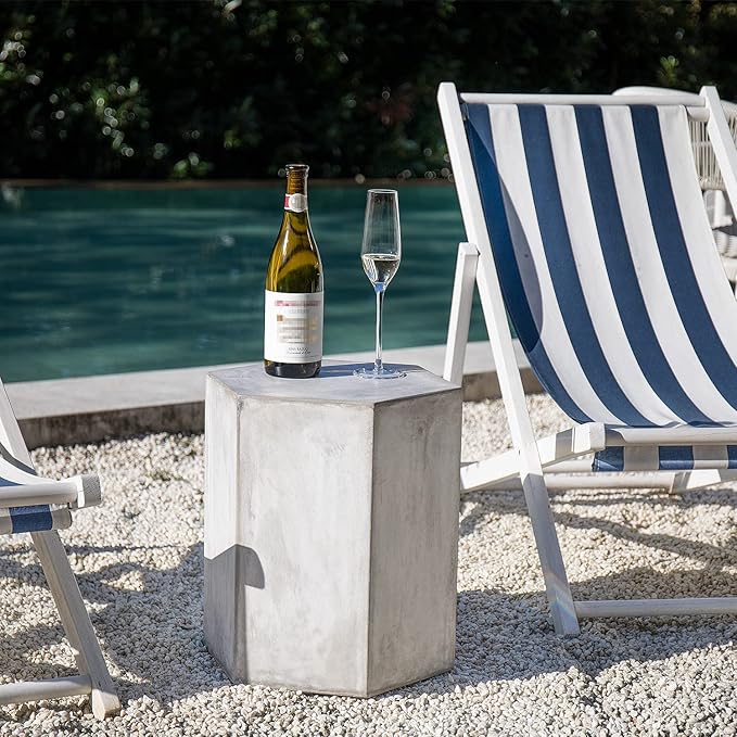 COSIEST Concrete Accent Table, Hexagon Patio Side Table 14.5''Wx16''H, Modular Design Indoor Outdoor End Table, Distressed Grey White Patina