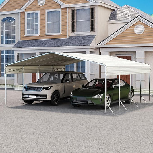 20x20 Carport, Heavy Duty Metal Car Port, All-Weather Protection, Easy Assembly for Cars, Trucks, Boats, Tractors, and Outdoor Storage, White