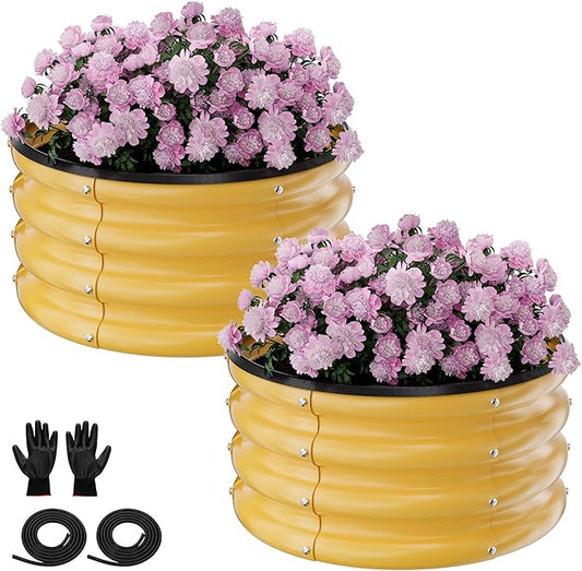 Round Galvanized Raised Garden Bed Kit, 2 Pcs 2 x 2 x 1ft Autumn Gold Galvanized Garden Boxes, Outdoor for Vegetables