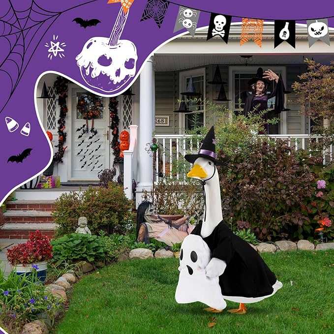 Sanwuta 1 Set Halloween Porch Goose Outfit Ghost Pillow Design with Witch Hat for 23" Lawn Cement Goose Porch Geese Clothes Costume for Halloween Garden Patio Yard Outdoor Decorations