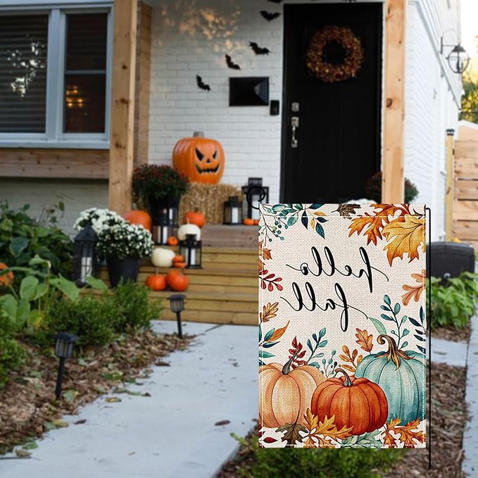 Fall Garden Flag 12 x 18 Inch Double Sided Pumpkin Maple Leaves Designs Autumn Burlap Yard Flag for Outside Rustic Yard Outdoor Holiday Home Decoration