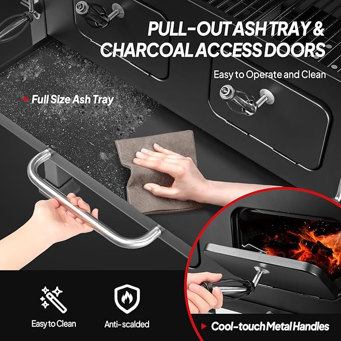 ROVSUN Charcoal Grill with Two Side Tables, Extra Large Cooking Area, Two Individual Lifting Charcoal Trays, Pull-out Ash Tray, Perfect BBQ Grill for Outdoor Picnic, Black