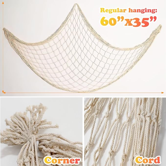 2 Pack Fish Net Decorations for Party, Natural Cotton Hawaiian Party Fishing Net Decorative, Nautical Themed Cotton Fishnet Under The Sea Pirate Ocean BeachHalloween Decor