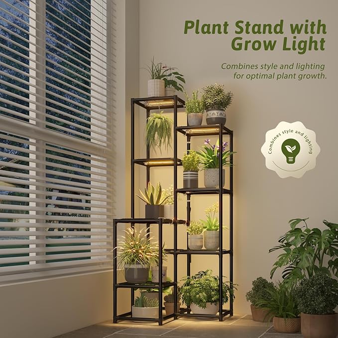 Corner Plant Stand With Grow Lights Plant Stand Indoor Plant Shelf Metal Plant Rack Plant Holder Flower Pot Stand for Multiple Plants for Living Room Patio Balcony Garden Porch Black