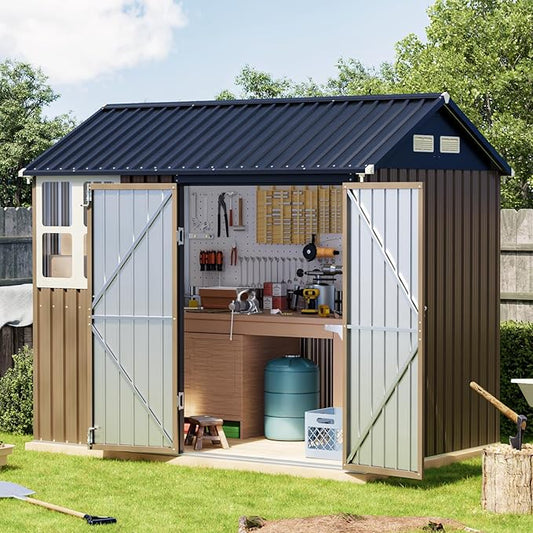 Breezz 6X8FT Outdoor Steel Storage Shed with Clear Window, Lockable Doors, Weather-Resistant Metal Tool Shed for Garden, Backyard, Patio, and Utility Storage.Brown