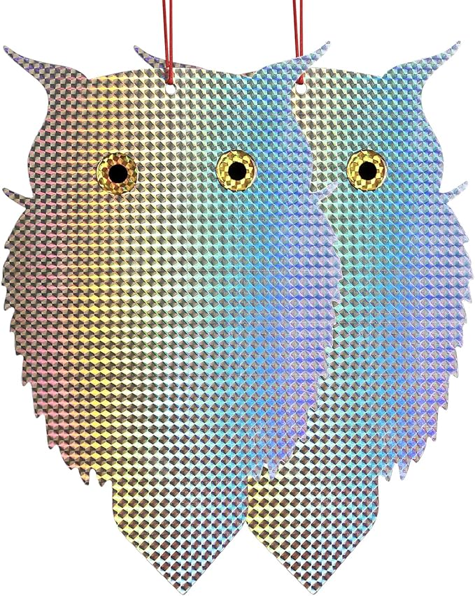 OFFO Owl Decoy to Scare Birds Away (No Bells) Bird Deterrent Device for Woodpecker Pigeon 2 PCS Plastic Hanging Outdoors Reflective Keep Birds Away Home and Garden