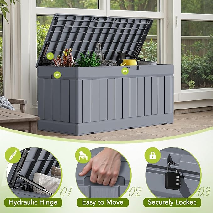 Devoko 78 Gallon Deck Box, Waterproof Resin Outdoor Storage Box for Outside and Patio, Outdoor Storage Bench Lockable for Patio Furniture, Garden Tools and Pool Supplies (Grey, 78 Gallon)