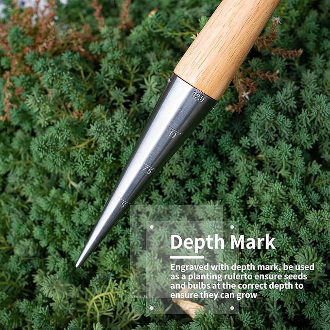 FLORA GUARD Hand Dibber Garden Tool, Seed Planter Tool with Wood Handle for Sowing Seed - 5" Seed Dispenser for Planting Steel Garden Dibber, Transplanting Plants,Planting Bulb,Digging