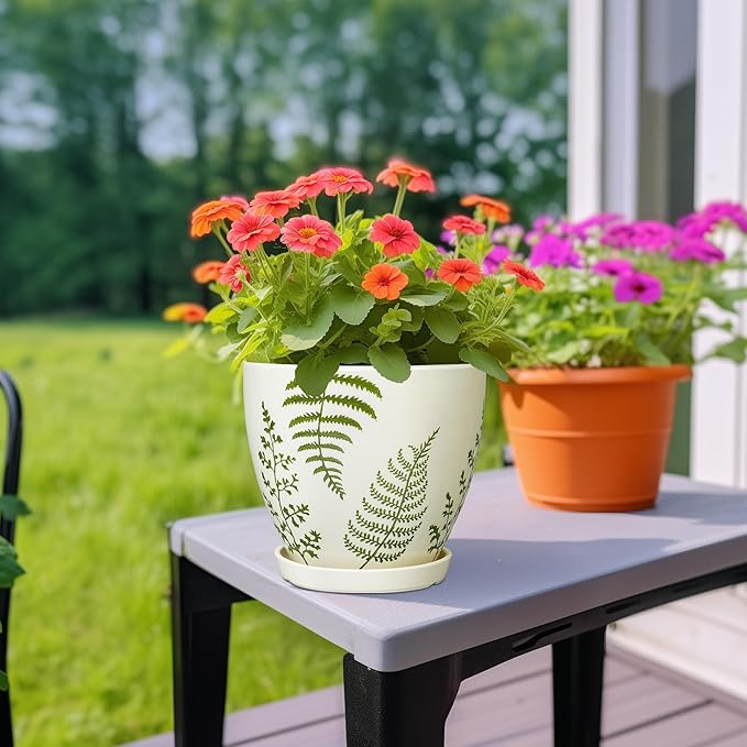 Ceramic Pot for Plants - 6.8 Inch Plant Pot Indoor with Drainage Hole and Saucer, Boho Round Planter for Indoor Outdoor Flowers, Gardening Gifts for Women Men, Garden Home Office Decor, White