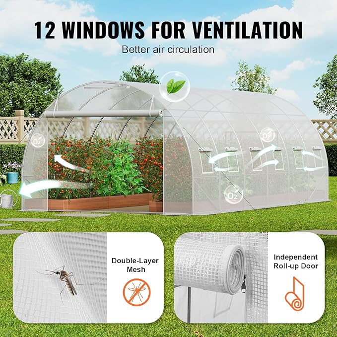 VEVOR Walk-in Tunnel Greenhouse, 19.4x9.7x6.5 ft Hoop House Greenhouse Tunnel, Plant Hot House with Galvanized Steel Frame, White PE Cover, Roll-up Zipper Door and 12 Windows for Outdoor