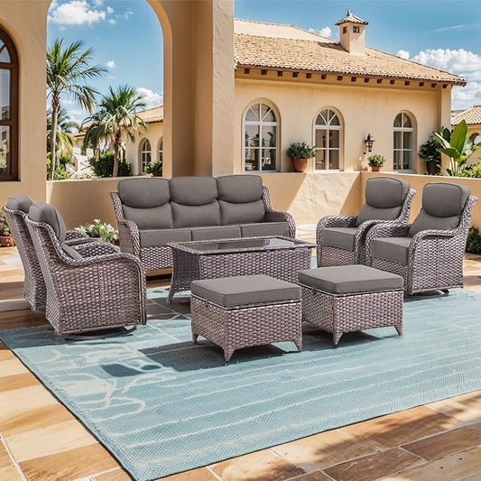 Luxury High Back Outdoor Furniture with 6-inch Extra Thick Cushions, Patio Furniture Set with Swivel Chairs, 8 PCS Wicker Conversation Set for Yard, Deck, Poolside, Brown/Grey