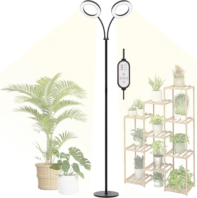 Grow Light for Indoor Plants, 2 Head Full Spectrum LED Tall Plant Lights with Timer, 3 Color Modes Standing Floor Growing Lamp, 70" Height Adjustable, 10 Dimmable Levels for Large Plants