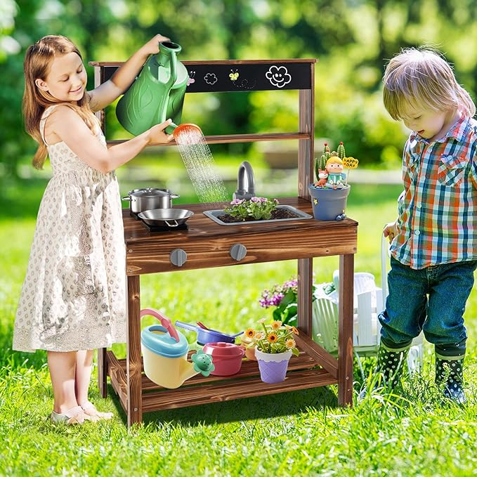 HONEY JOY Mud Kitchen, Fir Wood Outdoor Play Kitchen for Toddlers, Realistic Faucet & Garden Sink, Stoves, Chalkboard, Storage Shelf, Outdoor Kitchen Playset, Mud Kitchen for Kids Outdoor Backyard
