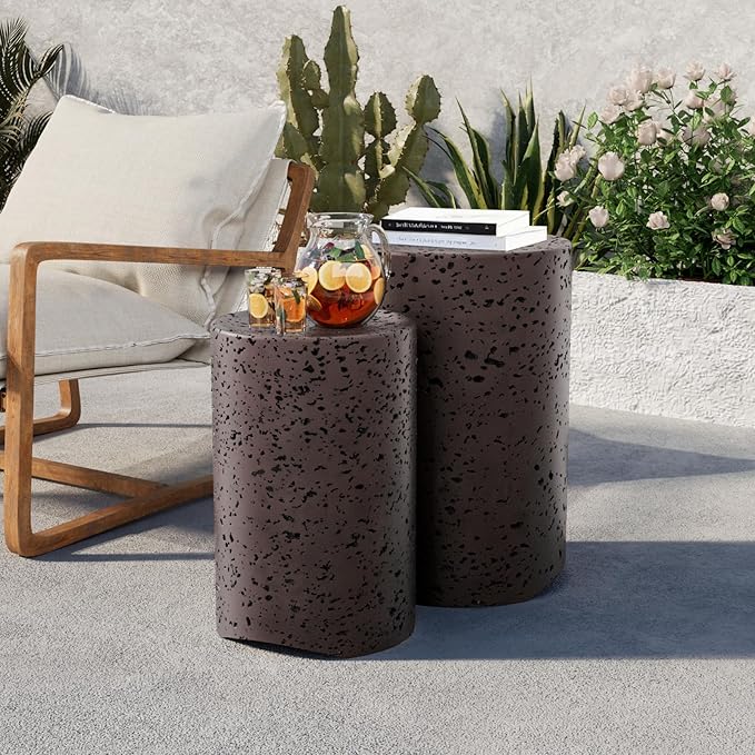 COSIEST Concrete Side Table, Set of 2 Round Outdoor Side Tables, Decorative Garden Stools for Indoor Outdoor, Accent Table Patio Side Table End Table w Spotted, Nesting, Brown