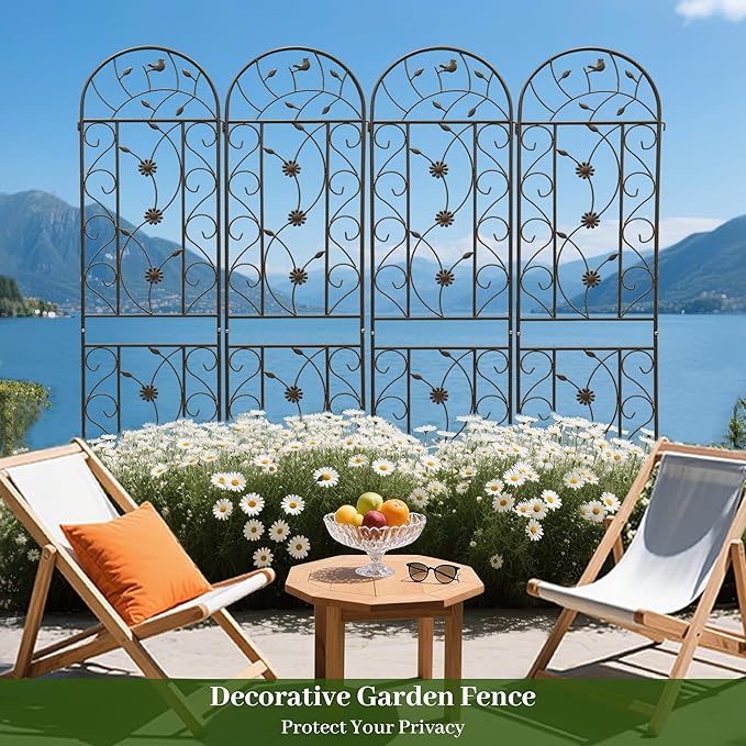 4 Pack Metal Garden Trellis for Climbing Plant Rose Stand, Brown Outdoor 86.7'' Tall Flower Support Iron Garden Fence, Brown