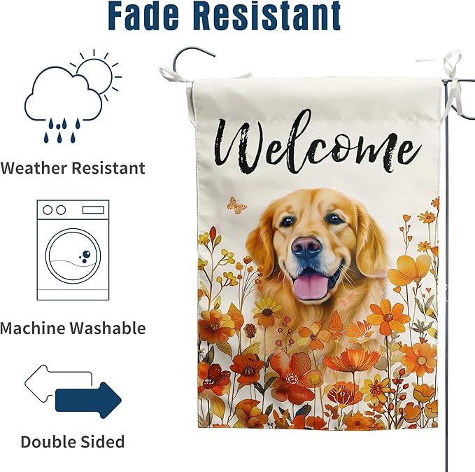 Floral Golden Retriever Garden Flag Fall Yard Flag Wildflower Dog Garden Flags Orange Autumn Lawn Flags Welcome Thanksgiving Outdoor Flags for Outside 12x18 Double Sided Small