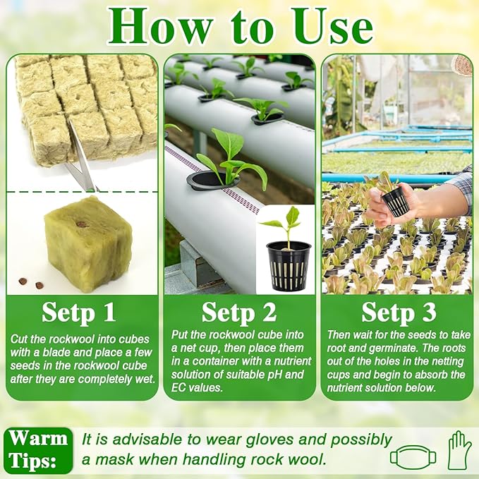 Halatool 72PCS 1.2 Inch Rockwool Cubes with 56PCS 2 Inch Net Cups for Hydroponics Great Kratky Hydroponics Kit for Soilless Cultivation Cloning Plants Growing Seeds