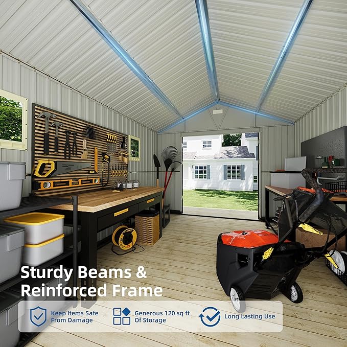 10x12 FT Outdoor Storage Shed, Metal Garden Shed with Floor, Lockable Doors and Windows, Large Tool Shed for Backyard, Patio and Lawn