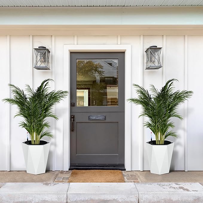 16 Inch Tall Outdoor Planters Set of 2, Self Watering Pots for Indoor Plants with Water Level Monitor & Drainage Hole & Wheels, Large Planter Pots for Garden, Patio, Balcony, White