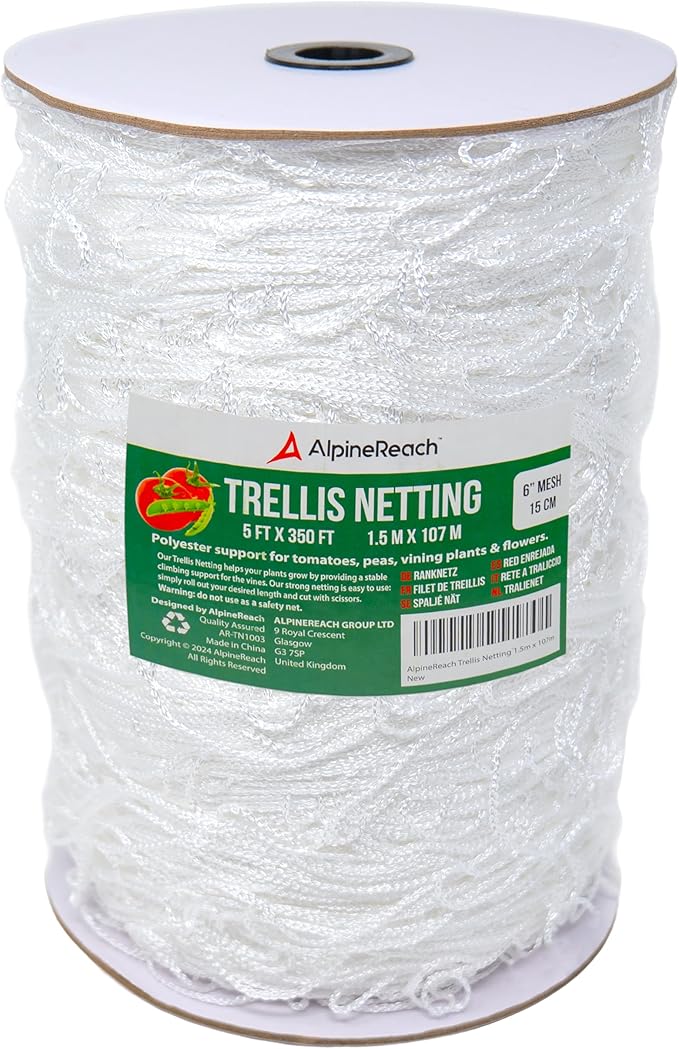 AlpineReach Trellis Netting 5 x 350 ft Heavy Duty Polyester White - 6 Inch Mesh Support Twine for Growing High Yield Tomatoes, Peas, Vine Climbing Plants Fruits Vegetables