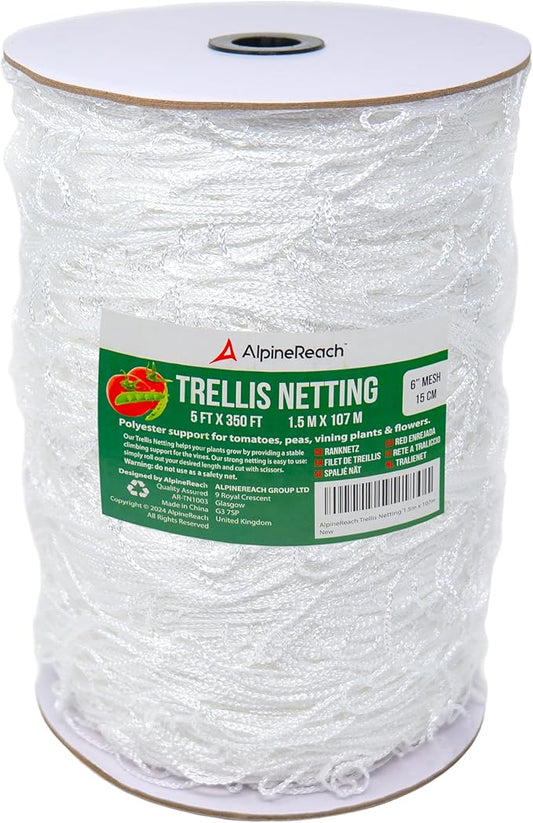 AlpineReach Trellis Netting 5 x 350 ft Heavy Duty Polyester White - 6 Inch Mesh Support Twine for Growing High Yield Tomatoes, Peas, Vine Climbing Plants Fruits Vegetables