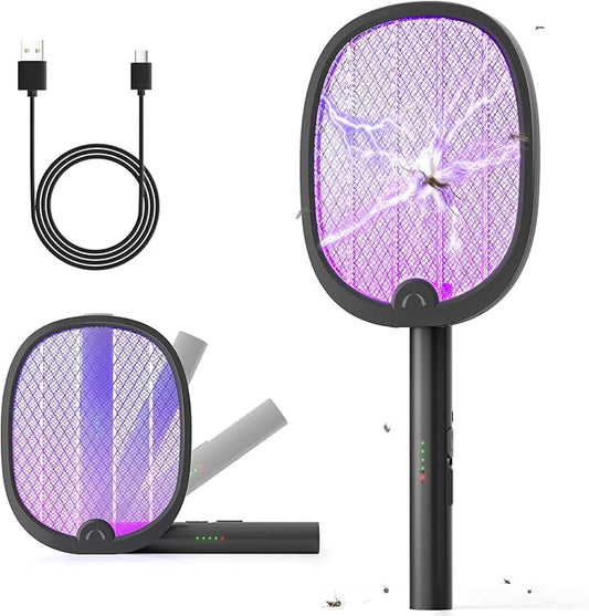 YISSVIC Electric Fly Swatter Foldable Bug Zapper Racket 2 in 1 Mosquito Killer with Purple Attractant Light Rechargeable 1800mAh for Indoor Home Backyard Patio Camping