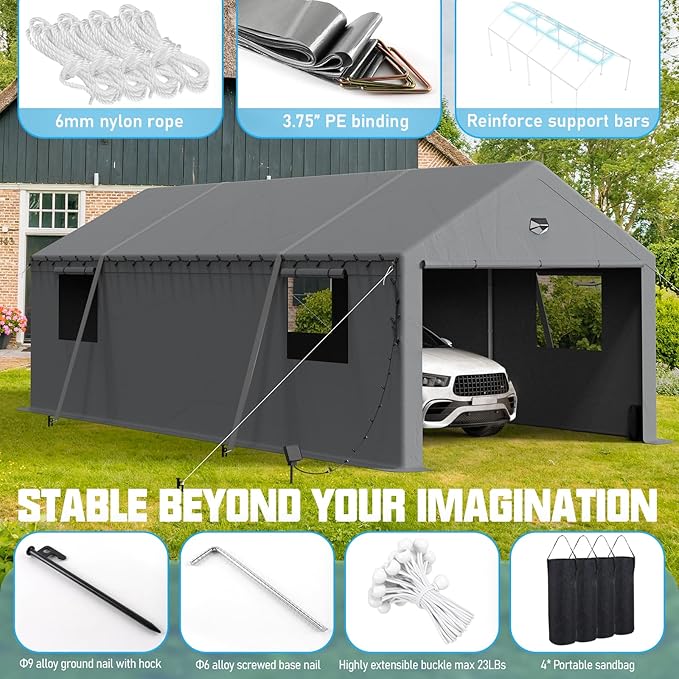 13x25 Carport, Heavy Duty Carport Canopy Garage with Removable Sidewalls and Drive Through Roll Up Zipper Doors, Grey
