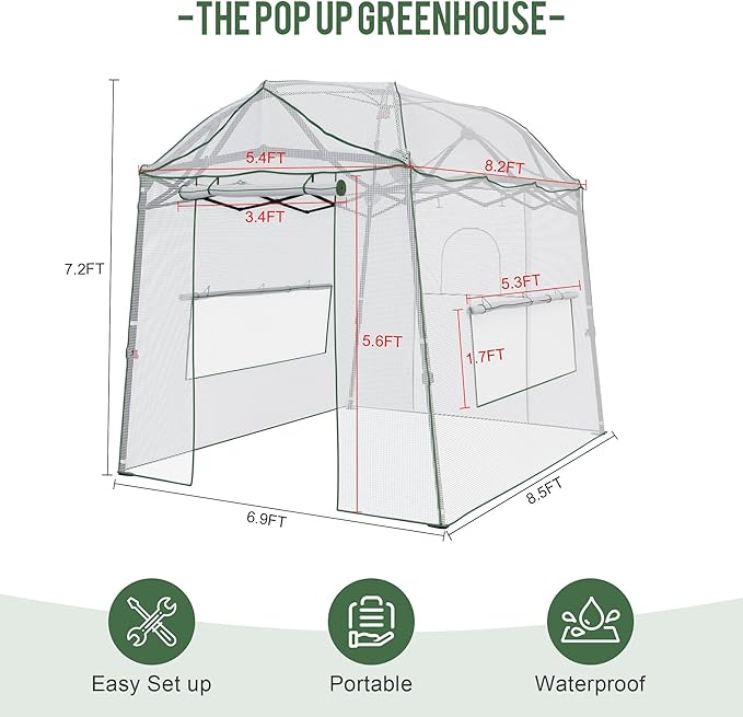 8.5 x 7 FT Walk-in Greenhouse, Portable Pop-up Green House 3 Adjustable Hights Heavy Duty Plant Gardening Canopy with Durable PE Cover for Indoor Outdoor (Clear and White)