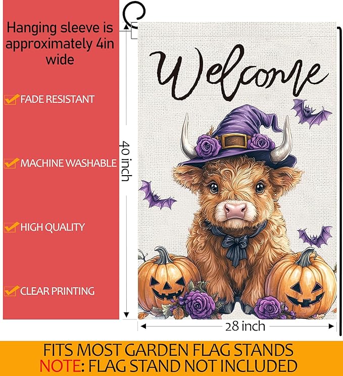 Halloween Highland Cow House Flag 28x40 Double Sided, Welcome Halloween Large Garden Flags for Outside Decor, Holiday Yard Flag Decorations for Home