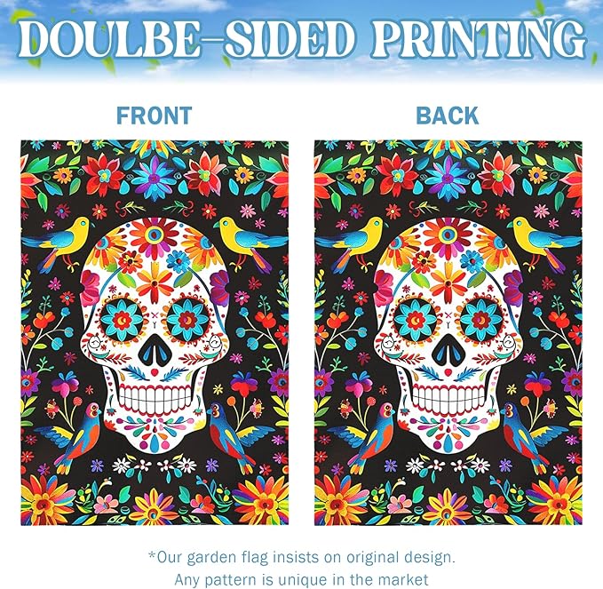 Day of the Dead Garden Flag Skull Welcome Floral House Banner Mexican Gothic Skeleton Flowers Birds Double-Sided Garden Flags Fiesta Dia DE Los Muertos Burlap Yard Flag 28x40 Inch