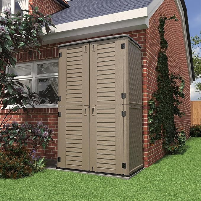 KINYING Sheds & Outdoor Storage, 66 cu.ft Vertical Outdoor Storage Cabinet, Resin Storage Sheds Outdoor with Floor for Garden Tools,Patio Furniture,Garbage Cans(Brown Color)