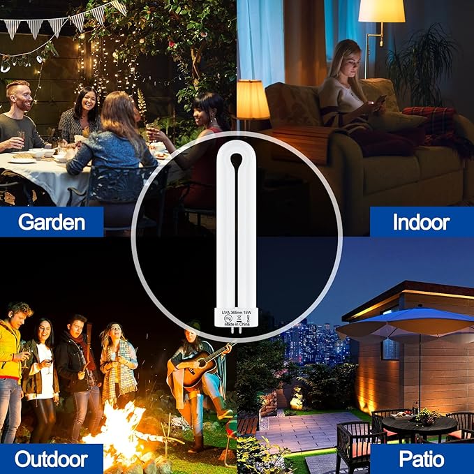 Replacement Bulb for T9, T6, K15 Bug Zapper, 15W, 4-Pin Base, U-Shaped Twin Tube Bulb