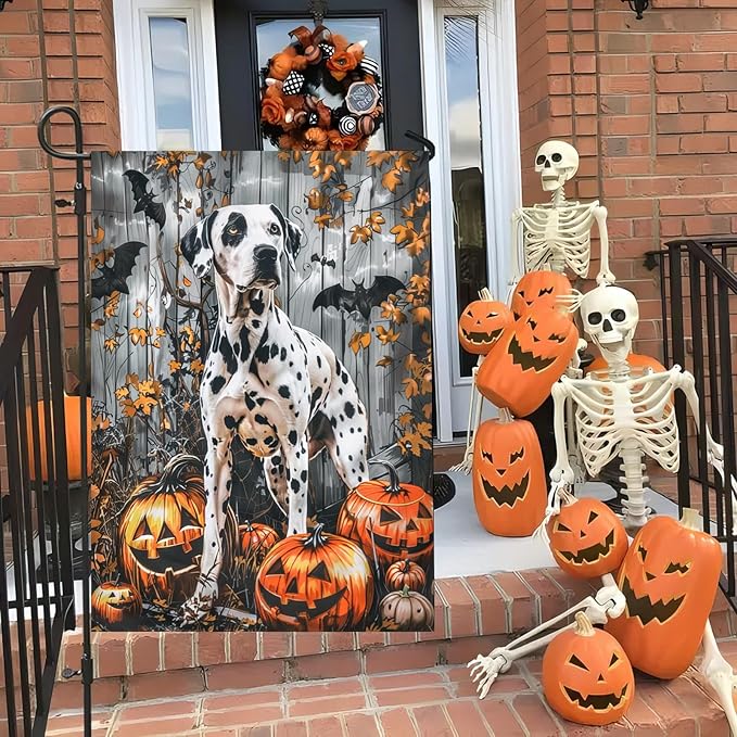 Halloween Dalmatian Garden Flag 12x18 Vertical Double-Sided Trick or Treat Pumpkin Fall Holiday Outdoor Decorations Polyester Yard Flag