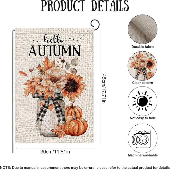 Fall Garden Flag 12 x 18 Inch Double Sided Hello Pumpkin Sunflower Maple Leaves Designs Autumn Burlap Yard Flag for Outside Rustic Yard Outdoor Holiday Home Decoration