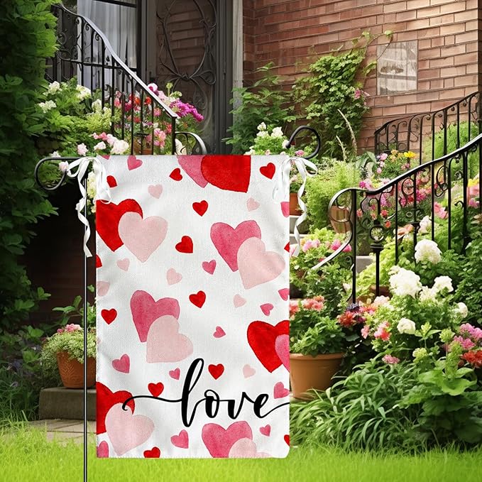 Love Heart Garden Flag Valentine Yard Flag Red And Pink Hearts Garden Flags Polyester Double Sided Anniversary Wedding Sweety House Banner for Spring Home Outdoor Decor 12x18 Inch